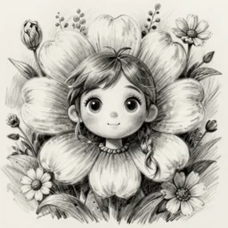 a fantastic portrait of a flower fairy surrounded by flowers, whimsical big - eyed character, light charcoal drawing, black and white, ink and paper, portrait, trending on artstation, behance, deviantart, drawn by tom lovell, artgerm, jsc, j. scott campbell
