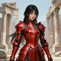 portrait knights of zodiac girl, matt black / little red color armor, in ruined agora of athens, ssci - fi and fantasy, intricate and very very beautiful and elegant, highly detailed, digital painting, artstation, concept art, frostbite engine, smooth and sharp focus, illustration, art by tian zi and wlop and alphonse mucha
