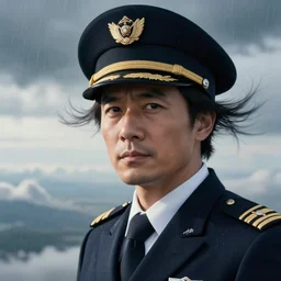 an ultra realistic, cinematic, headshot portrait, of an airline pilot, wind, facial features, background of a vast serene airspace, with clouds and rain, detailed, deep focus, movie still, dramatic lighting, ray tracing, by michal karcz and yoshitaka amano