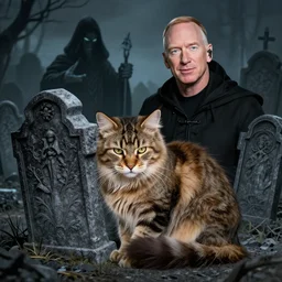 maine coon cat cuddling in a crypt grave with the necromancer jeff bezos
