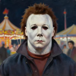 dynamic portrait painting of Michael Myers at a funfair, sharp focus, face focused, trending on ArtStation, masterpiece, by Greg Rutkowski, by Ross Tran, by Fenghua Zhong, octane, soft render, oil on canvas, moody lighting, high contrast, cinematic