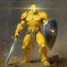 yellow human-sized warforged, full body, character with a paladin metallic sword and a huge shield, with a light beaming from his eye, by Roger Dean, by Anton Fadeev, by albert bierstadt, magical realism, oil on canvas, soft render, octane, artstation