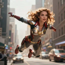 vfx marvel sci-fi woman super hero robot photo real full body action pose, flying over city street cinematic lighting by Emmanuel Lubezki