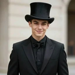A young man in a top hat in an elegant black suit has a cryptic smile on his face