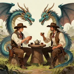 Tea ceremony between a Western cowboy and a dragon, high fantasy concept art by Mark Winters