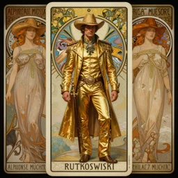 a dramatic ethereal epic symmetrical painting of a handsome cowboy in a gold outfit | tarot card, art deco, art nouveau,  (steampunk), homoerotic, realistic | by Greg Rutkoswski, by Mark Maggiori, by Alphonse Mucha | trending on artstation