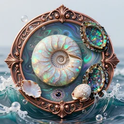 Art Nouveau cresting oil slick waves, hyperdetailed bubbles in a shiny iridescent oil slick wave, ammolite, detailed giant opalized ammonite shell, black opal, abalone, paua shell, ornate copper patina medieval ornament, rococo, oganic rippling spirals, octane render, 8k 3D, druzy geode, cresting waves and seafoam