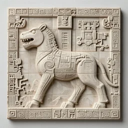 bas - relief wall tiles beautiful aztec inca hundreds of robosaurus colossus full body well proportioned pacing to cliffs by eddie mendoza hyperrealism expressive eyes cyborgess symmetrical very very detailed giger beksinski grey and gold