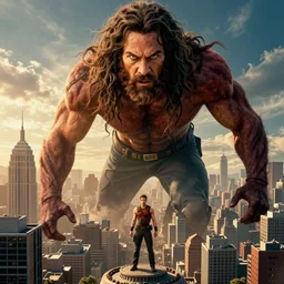 a giant cassandra lang looks down at a city below, marvel movie poster