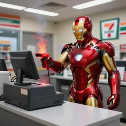 Iron Man working as a 7/11 cashier using a red laser scanner, cash register, red laser scanner, wide wide shot, very detailed, beautiful lighting, red laser, fire, smoke