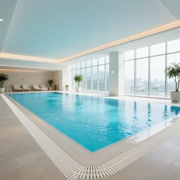 photo of indoor infinite pool room, bright, 8 k photorealistic, hd, high details, trending on artstation