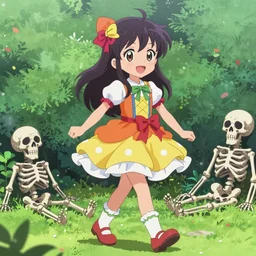 a very cute art of a smiling anime girl idol wearing a colorful dress, walking at the garden, walking over a skeleton, in the style of anime