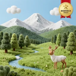 a meadow made of wool, felt mountains in the background, wool trees and forest, felt river, wool clouds, wool deer, an award winning artwork, hyperrealistic, beautiful, high quality, professional
