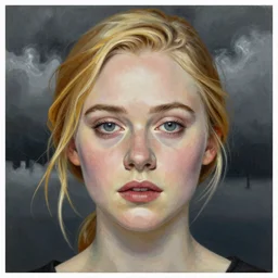 professional painting of Elle Fanning in the style of Karl Gerstner, head and shoulders portrait, symmetrical facial features, smooth, sharp focus, illustration, intricate, stormy weather, extremely detailed masterpiece,