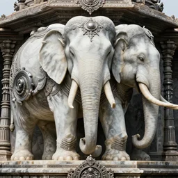 elephant statue two trunks, in the top of a hindu temple, dystopian surrealism, artstyle alex ries zdzisław beksinski, symmetry accurate features, very intricate details, hres, 4 k, highly detailed, symmetrical long head, smooth marble marble surfaces, detailed ink illustration, metal gear, cinematic smooth stone, deep aesthetic, concept art, post process, carved marble texture silk cloth, highly ornate intricate details, in the style of 8 8 grzes, giger