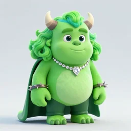 it is a lovely green monster with small horns with blue and green stripes on its head, flowing green curly hair, dark green pants, diamond necklace, thorny arm rings on its wrist, and a cloak behind it, 3 d modeling effect, cartoon image design, 3 d