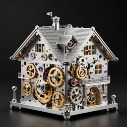 Beautiful mechanical Swiss chalet made of intricate watch parts, cogs, gears, gearwheels, levers, jewels, shiny silver, shiny gold, architectural render, futuresynth, by Gabriel Dawe, by Skottie Young, by Jessica Rossier, by Isaac Cordal, Rolex, Breitling, Jacob & Co, Omega, Tag Heur