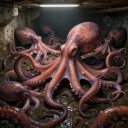 a basement full of octopuses, realistic, extremely detailed, sharp focus, wide view, smooth, digital illustration, intense colors, octane render, unreal engine 6, ray tracing, by james jean, by rossdraws, by frank franzzeta, by mcbess, by sakimichan, by brosmin, by danton fadeev, by steve simpson