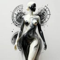 perfect female body silhouette, liquid sculpture, astral clockwork, abstract shapes, photorealism, beautiful portrait, white and black latex mixture, black ink, body acts photography, abstract art, concept art, matte painting, elegant