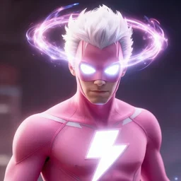 a superhero with white eyes and a pink suit with a white lightening bolt on his chest. shoots pure energy rings from his head. marvel universe. great hair. cinematic. 4 k. artstation