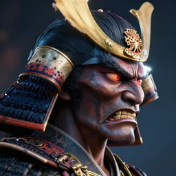 a profile picture of powerful japanese samurai monster, detailed face, portrait, face symmetry, fanart artstation global illumination rtx hdr fanart arstation 3 d, character concept portrait by moebius and laurie greasley, profile picture, 8 k, cinematic color grading