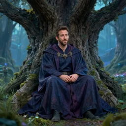 ryan reynolds wearing wizard robes sits against magical tree romance novel fantasy artwork epic detailed and intricate digital photo trending on artstation by wlop octane render
