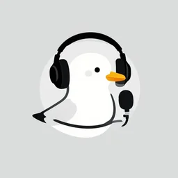 a minimal logo of a seagull bird wearing headphones and talking to a microphone at a podcast