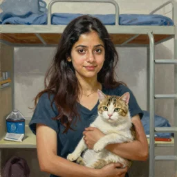 oil painting of Isha jain with a cat in her hostel