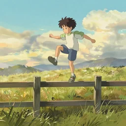 A kid jumping over a wooden fence at golden hour in a plain grass field, by Makoto Shinkai and thomas kinkade, digital painting, Matte painting, trending on artstation and unreal engine