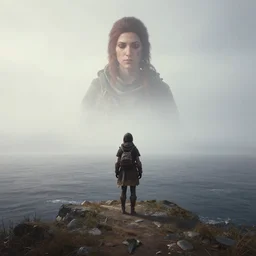 the wanderer above the sea of fog, with aloy from horizon zero dawn, symmetric, rule of thirds, by caspar david friedrich