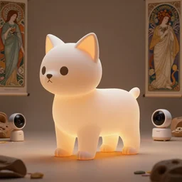 product photo of a futuristic stylized robot pet, minimalistic kindchenschema, by artgerm and greg rutkowski and marc newson and zaha hadid, alphonse mucha, zaha hadid, samsung apple webcam, warm and happy, matte glossy materials, neon, kitten puppy pig otter fennec inspired. side view, volumetric light, detailed, octane render, midsommar