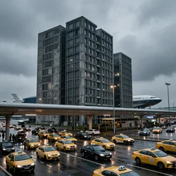 brutalist architecture, after the rain, ominous evening, crowded airport, taxis, cargo spaceships, crisp, intricate picture by greg rutkowski and craig mullins