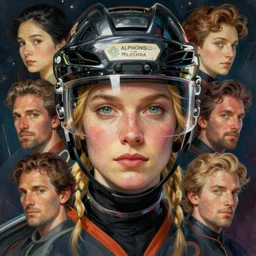 realistic detailed face portrait of female ice hockey player with high tech helmet and blonde hair by Alphonse Mucha, Ayami Kojima, Amano, Charlie Bowater, Karol Bak, Greg Hildebrandt, Jean Delville, and Mark Brooks, Space Nouveau, Neo-Futuristic, cyberpunk, rich deep moody colors