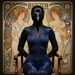 character concept portrait, symmetrical, black canary, mask, her arms tucked behind her back, sitting in a chair, navy leotard costume, bust, curvaceous, medium shot. detailed, high quality, dynamic lighting, high contrast, fantasy, shiny. artwork by artgerm, wlop, alex ross, greg rutkowski, alphonse mucha