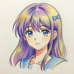 Colorful Anime girl sketch, visual pencil markings