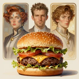 hamburger futuristic portrait, highly detailed, digital painting, artstation, concept art, smooth, sharp focus, illustration, art by artgerm and greg rutkowski and alphonse mucha