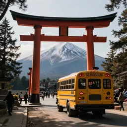 Yellow school bus driving towards a Japanese Torii gate at Mount Fuji location in Japan, time travel, ray tracing