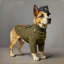 peter elson painting of an decorated anthropomorphic dog in an army uniform