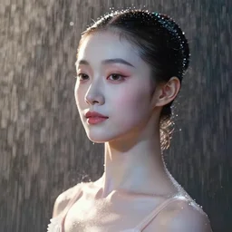 portrait of a ballerina with a beautiful porcelain face, rain, cinematic light and reflections, beautiful dreamy lighting, photographed by annie leibovitz, zbrush,