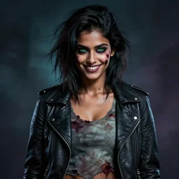 epic professional digital airbrushed portrait art of an attractive and athletic, fit, mid-20s East Indian supermodel emo female zombie, smiling, perfectly symmetrical face, wearing a slightly torn, slightly low cut tee shirt under a leather jacket, with deep green eyes, scary portrait, walking dead, best on artstation, cgsociety, wlop, Behance, pixiv, cosmic, epic, stunning, gorgeous,, masterpiece by Dorian Cleavanger and Stanley Lau