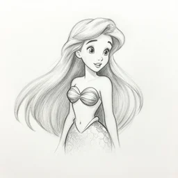 pencil sketches of a little mermaid with long hair, white background, defined details, pencil stroke, disney style