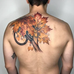 a man with a franconia ridge in autumn tattoo on his back, a tattoo by richard mortensen, reddit contest winner, tattoo