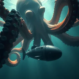 giant octopus grabbing a small submarine underwater, illustrated by greg rutkowski, beautiful volumetric lighting style atmosphere, intricate, ultra detailed, photorealistic imagery, trending on artstation, octane render, 8 k