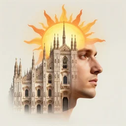 portrait photo of an male mystic'face merging with a cathedral building, descend of the sun, etheric, emotionally evoking symbolic metaphors, head in focus, ornamental, intricate, elegant, golden ratio, sharp focus, art by ernst haeckel, john william godward, gustav klimt,