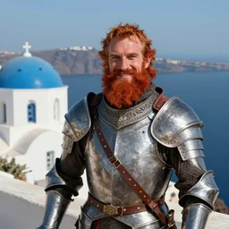 Spring David Patrick Kelly Exploring Santorini, Greece a time traveling English soldier, inspired by Simon Bisley The portrait of a dwarven knight in full plate, looking at the camera with a confident smile and a red beard. ArtStation style. colorful furby