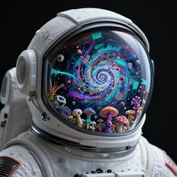 helmet astronaut :: celestial pattern + objects patterns :: fiber optic:: minerals + frequency waves merged into spiral + explosion :: pattern chaotic annihilation:: glass + lace + various elements blending + ultra high detail +astronaut covered with alien mutation + mushrooms + flowers :: octane render :: unreal render :: photo real :: 8k