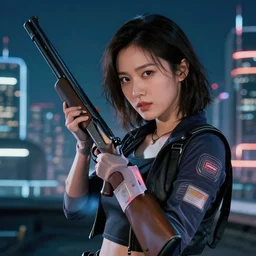 photographic portrait of a techwear woman holding a shotgun, closeup, on the rooftop of a futuristic city at night, sigma 85mm f/1.4, 4k, depth of field, high resolution, full color, Die Hard, movies with guns, movie firearms, girls with guns pinterest