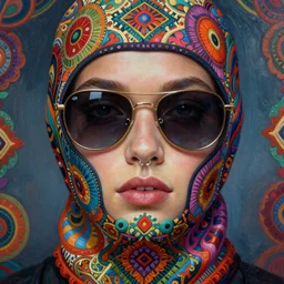 a close up of beautiful model with a nose piercing wearing a balaclava and sunglasses surrounded by colourful intricate patterns, by edgar maxence and caravaggio and michael whelan, intricate painting, hyper realistic, extremely detailed and beautiful aesthetic face, 8 k resolution