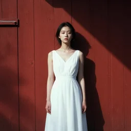 art by greg rutkowski and ruan jia. a lonely elegant and grace young woman in the shadow of a red barn!. cinematic, sharp edges, stage light. white!! dress!!. establishing shot, sense of melancholy. delicate features. dreamlike. alluring. poster style, ultra realistic. ultra clear detailed