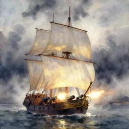 watercolor painting of ship with translucent sail, backlit, firing cannons, art by anders zorn, wonderful masterpiece by greg rutkowski, beautiful cinematic light, american romanticism by greg manchess, creation by tyler edlin, stormy puffy clouds and harbour in distant background, foggy